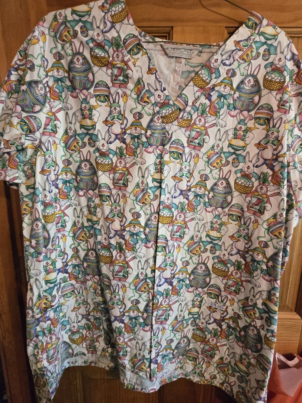 Cherokee Multicolor Easter Bunny Print Short Sleeve Scrub Top